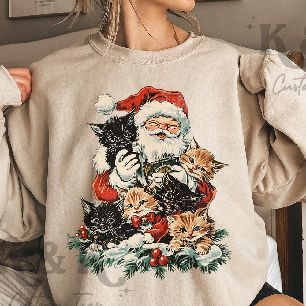 Retro Santa Sweater Vintage 90S Cat Christmas Sweater, Retro Christmas Sweatshirt, Vintage Christmas Crewneck, Christmas Sweatshirt, Retro Santa Sweater Winter Sweatshirt
