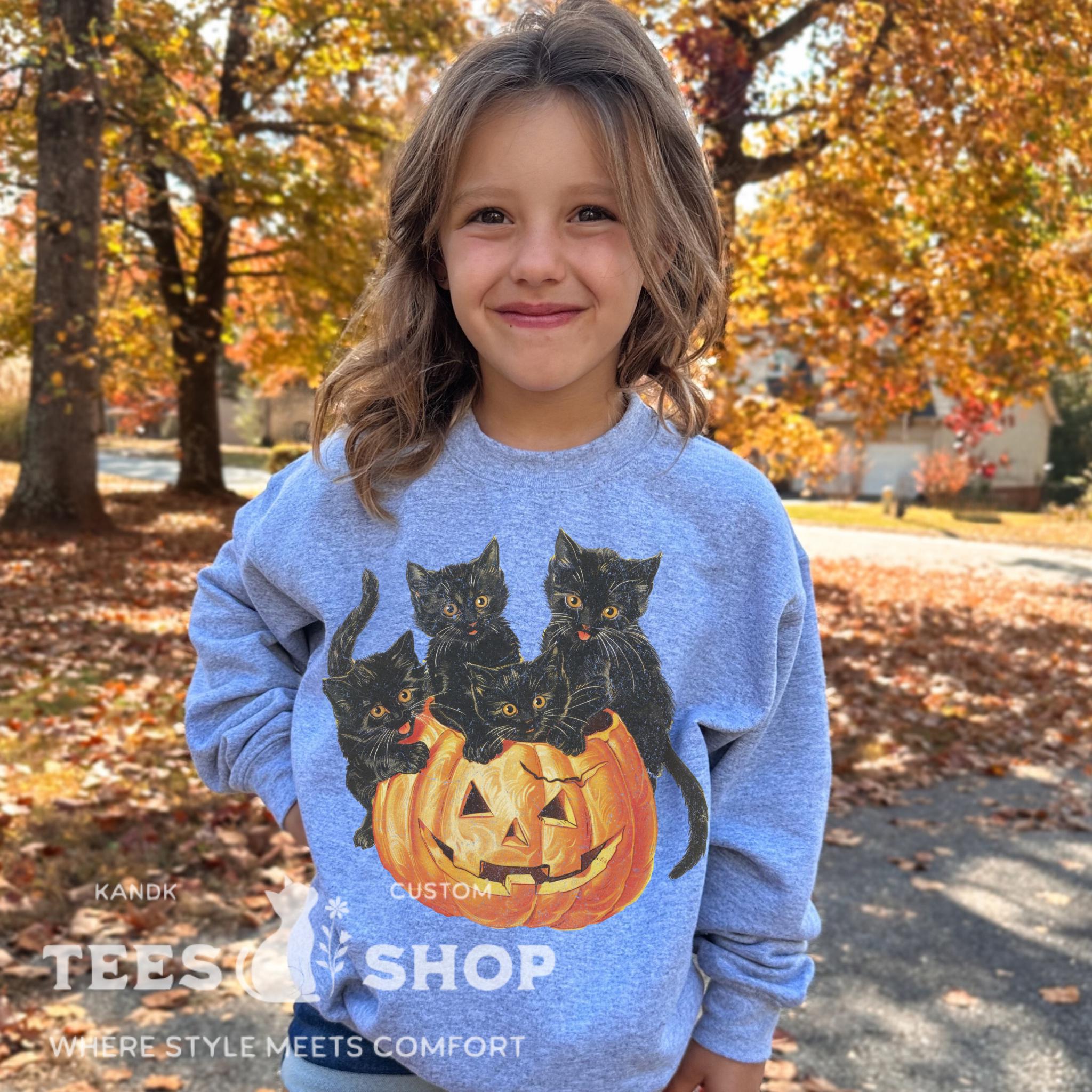 Vintage 90s Kitten Halloween Sweater, Kids Halloween Sweatshirt, Fall Kitten Youth Sweater, Kids Pumpkin Sweatshirt, Cute Kids Fall Sweater