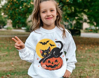 Black Cat Halloween Sweatshirt: Retro Kids Halloween Crewneck