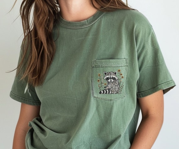 Cute Pocket Racoon Shirt, Floral Racoon Tshirt, Animal Lover Shirt, Plant Lover Tee, Racoon Comfort Colors Shirt, Wildflowers Lover Gift