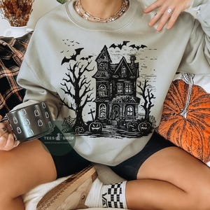 Spooky Haunted House Sweater, Retro Halloween Sweatshirt, Block Print Halloween Shirt, Spooky Season Sweater, Halloween Lover Gift, Bat Tee