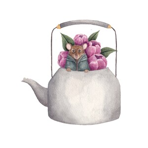 Mouse in Kettle Printable, Cute Mouse Watercolor, Nursery Wall Art, DIGITAL DOWNLOAD