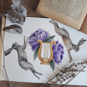 May include: Watercolor painting of a lyre, two hares, and two purple peonies. The lyre is gold and the hares are gray. The peonies are a light purple with green leaves.