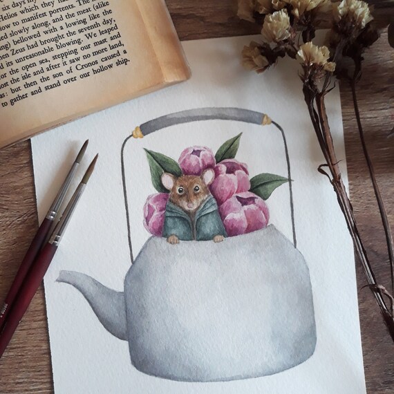 Mouse In Kettle Printable, Cute Mouse Watercolor, Nursery Wall Art.