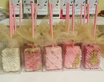 Rice crispy pops or bricks dipped in chocolate birthday party baby shower event