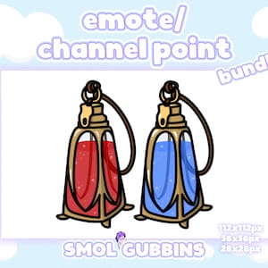 May include: Two ornate glass bottles with gold accents and a red and blue liquid inside. The bottles are hanging from a gold chain. The text "SMOL GUBBINS" is below the bottles. The text "emote/channel point bundle" is at the top of the image.