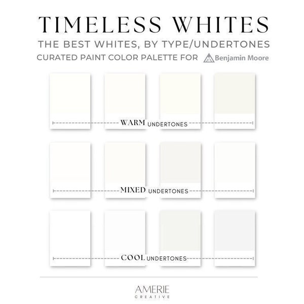 Weiße Farbe Farbpalette | Benjamin Moore Weiß, Creme, Off-White klassische, warme, gemütliche, saubere, moderne Hausfarben | AMERIE 2023 2024