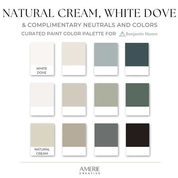 Natural Cream & White Dove Benjamin Moore Paint Color Palette | Warm neutral greige, gray grey green, taupe, black McGee home | AMERIE 2024