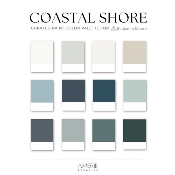 Coastal Shore Color Palette | Benjamin Moore Paint light & dark blue navy aqua teal green calm modern cabin lake beach house | AMERIE 2024