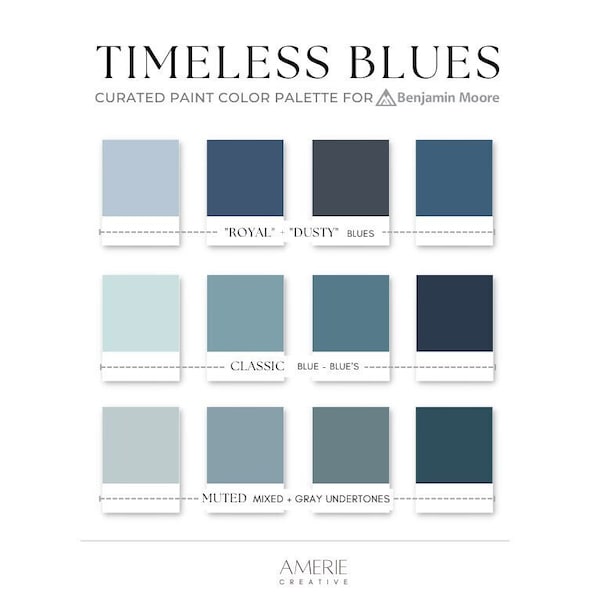 Palette de couleurs bleues intemporelles | Benjamin Moore bleus classiques clairs et foncés, bleu marine gris poussiéreux accent gris couleurs de la maison | AMERIE 2024