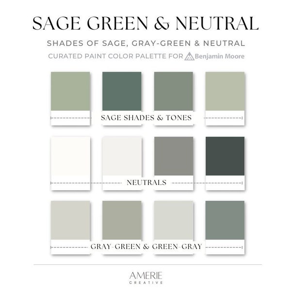 Sage Green & Neutral Paint Color Palette | Benjamin Moore light + dark green gray grey cozy earthy house Mcgee Magnolia home | AMERIE 2024