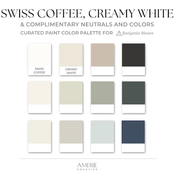 Swiss Coffee & Creamy White Benjamin Moore Paint Color Palette | Warm neutral cream greige light gray grey green blue dark navy | Mcgee 2024