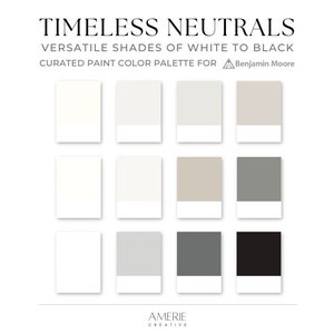 Classic modern Neutral Benjamin Moore Paint Color Palette house exterior door cabinet mcgee cloud white dove simply white, classic gray, chelsea gray, seapearl, Kendall charcoal, nightfall, onyx, gray owl, chantily lace, revere pewter, edgecomb gray