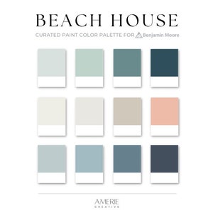 Beach House Paint Color Palette Benjamin Moore paint palette lakehouse color scheme Cabin coastal home warm neutral blue green teal navy