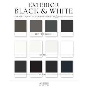 Black & White Exterior Benjamin Moore paint color palette Dark exterior house paint color scheme off-black onyx black exterior paint