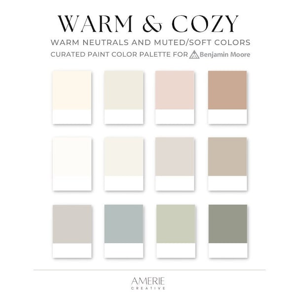 Warm Cozy Calm Neutral Paint Color Palette | Benjamin Moore white, cream, off white, gray greige taupe blue grey green sage | AMERIE 2024