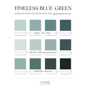 Timeless Blue Green Paint Color Palette | Benjamin Moore light & dark classic modern teal aqua accent house home colour | AMERIE 2024