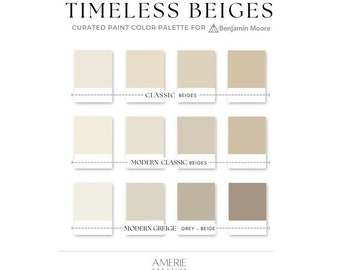 Palette de couleurs de peinture beige | Benjamin Moore, neutre cosy, beige classique et gris chaud/gris, couleurs de la maison | AMERIE 2023 2024