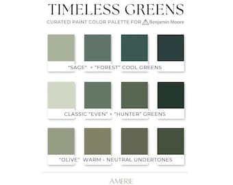 Zeitlose Grün Lack Farbpalette | Benjamin Moore klassische moderne organische Salbei-Wald-Olivhell-Dunkel-Hausfarbe | AMERIE 2024