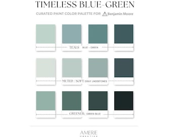 Palette de couleurs de peinture bleu vert intemporelle | Couleur pour la maison Benjamin Moore classique moderne bleu sarcelle accent aqua clair et foncé | AMERIE 2024