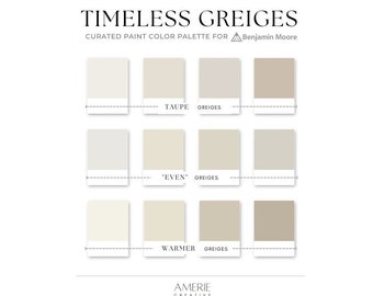 Palette de couleurs de peinture grège | Classique Benjamin Moore - moderne, chaleureux, neutre, gris, gris, beige, cosy, terre, maison, couleurs pour la maison | AMERIE 2023 2024