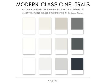 Palette de couleurs de peinture neutre classique moderne | Benjamin Moore blanc, crème, blanc cassé, gris, gris foncé clair, noir couleur chaude Mcgee 2024