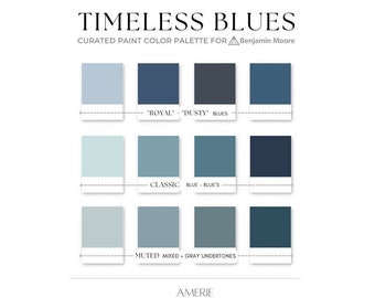 Palette de couleurs bleues intemporelles | Benjamin Moore bleus classiques clairs et foncés, bleu marine gris poussiéreux accent gris couleurs de la maison | AMERIE 2024