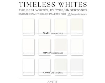 Palette de couleurs de peinture blanche | Benjamin Moore blanc, crème, blanc cassé maison classique, chaleureuse, confortable, épurée moderne couleurs de la maison | AMERIE 2023 2024