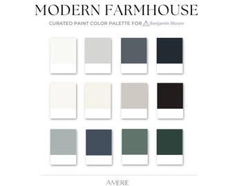 Palette de couleurs de peinture de ferme moderne | Benjamin Moore blanc neutre chaud grège noir bleu foncé gris vert gris terreux maison | AMERIE 2024