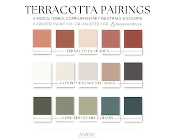 Palette de couleurs de peinture bleu sarcelle et olive terracotta | Benjamin Moore terreux orange vert bleu turquoise bleu marine blanc neutre chaud grège | AMERIE 2024