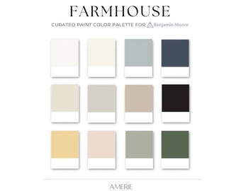 Palette de couleurs de peinture de ferme | Benjamin Moore blanc gris chaud grège noir terreux neutre bleu gris vert jaune rose maison | AMERIE 2024