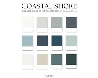 Palette de couleurs côtières | Benjamin Moore Paint bleu clair et bleu marine turquoise vert sarcelle cabane moderne maison de plage au bord du lac | AMERIE 2024