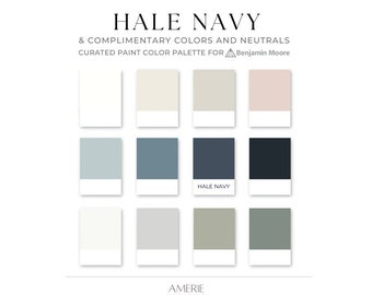 Palette de couleurs bleu marine et peinture neutre Hale | Benjamin Moore classique moderne blanc côtier gris clair grège bleu foncé vert gris noir | 2024