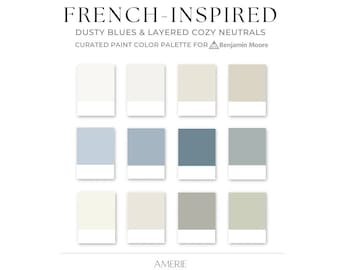 Palette de couleurs de peinture française | Benjamin Moore bleu poudré, vert sauge gris, classique confortable blanc neutre chaud crème grège | AMERIE 2024