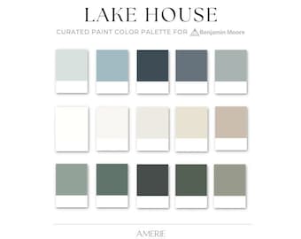 Palette de couleurs de peinture pour maison Cabin Lake | Benjamin Moore bleu clair gris marine sarcelle foncée vert forêt gris sauge neutre chaud Maison | AMERIE 2024