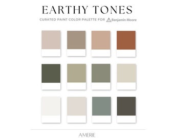 Palette de couleurs de peinture terreuse | Benjamin Moore neutre chaud blanc cassé gris clair grège vert olive gris taupe foncé cosy bio | AMERIE 2024