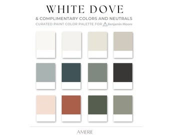 Palette de couleurs de peinture colombe blanche | Benjamin Moore OC-17 neutre chaud, bleu foncé et bleu clair gris vert gris sauge olive orange rose | AMERIE 2024