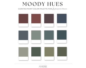 Paleta de colores Moody / Benjamin Moore pinta colores acogedores, terrosos, oscuros y profundos, marrón, rojo, morado, ciruela, azul marino, verde azulado, verde oliva salvia / AMERIE 2024