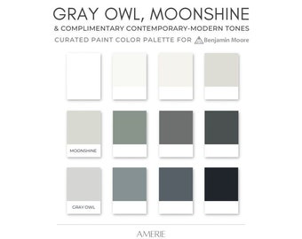 Palette de couleurs neutres Grey Owl Moonshine | Benjamin Moore gris froid gris bleu, blanc, noir, ferme moderne de la côte ouest | AMERIE 2024