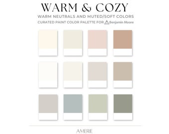 Palette de couleurs neutres Warm Cosy Calm | Benjamin Moore blanc, crème, blanc cassé, gris grège taupe bleu gris vert sauge | AMERIE 2024