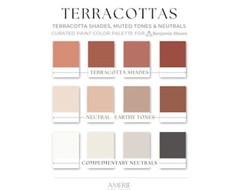 Palette de couleurs de peinture en terre cuite | Benjamin Moore terreux rouille orange rouge chaud neutre blanc gris grège brun taupe terre cuite | AMERIE 2024