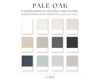 Palette de couleurs de peinture Athena Benjamin Moore chêne pâle | Blanc neutre chaud gris crème beige grège gris bleu taupe McGee home | AMERIE 2024