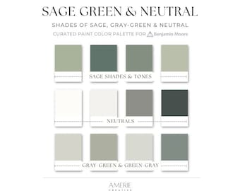 Palette de couleurs de peinture vert sauge et neutre | Benjamin Moore clair + vert foncé gris gris maison cosy terreuse maison McGee Magnolia | AMERIE 2024
