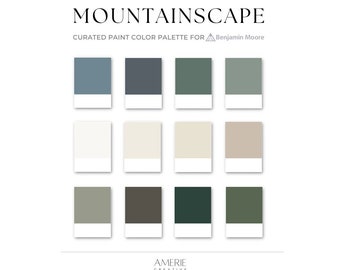 Palette de couleurs de peinture Mountain | Cabane moderne Benjamin Moore organique terre neutre clair forêt foncé vert sauge gris bleu gris marine | AMERIE