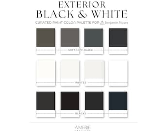 Black & White Exterior Paint Color Palette | Benjamin Moore modern classic neutral white, dark gray charcoal grey, black house 2024 | AMERIE