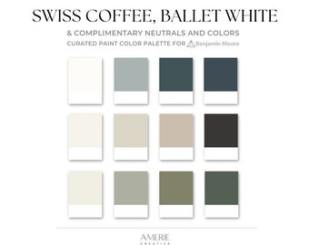 Palette de couleurs de peinture Benjamin Moore blanc café et ballet suisse | Crème neutre chaude gris clair + vert foncé bleu marine | AMERIE 2024