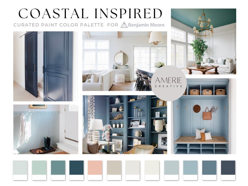 Coastal Coast Beachy Ocean cabin beach house home Paint Color Palette |  Benjamin Moore 
door cabinet dark green blue exterior teal aqua turquoise quiet moments, smokey green, palladian blue, aegean teal, newburg green, conch shell, smoke, hale navy