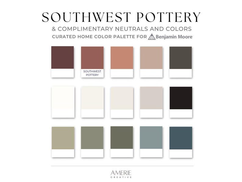 Southwest Pottery Benjamin Moore paint color palette Whole house paint color scheme 2026 paint colors 2026 neutral paint colors benjamin moore 2026
complimentary colors southwest pottery coordinating colors Terracotta paint color 
el cajon clay townsend harbor brown mexican tile venetian portico midsummer night cloud white dove wing edgecomb gray onyx black cheyenne green nantucket gray antique pewter dark olive green paint color brewster gray new providence navy paint color newburg green