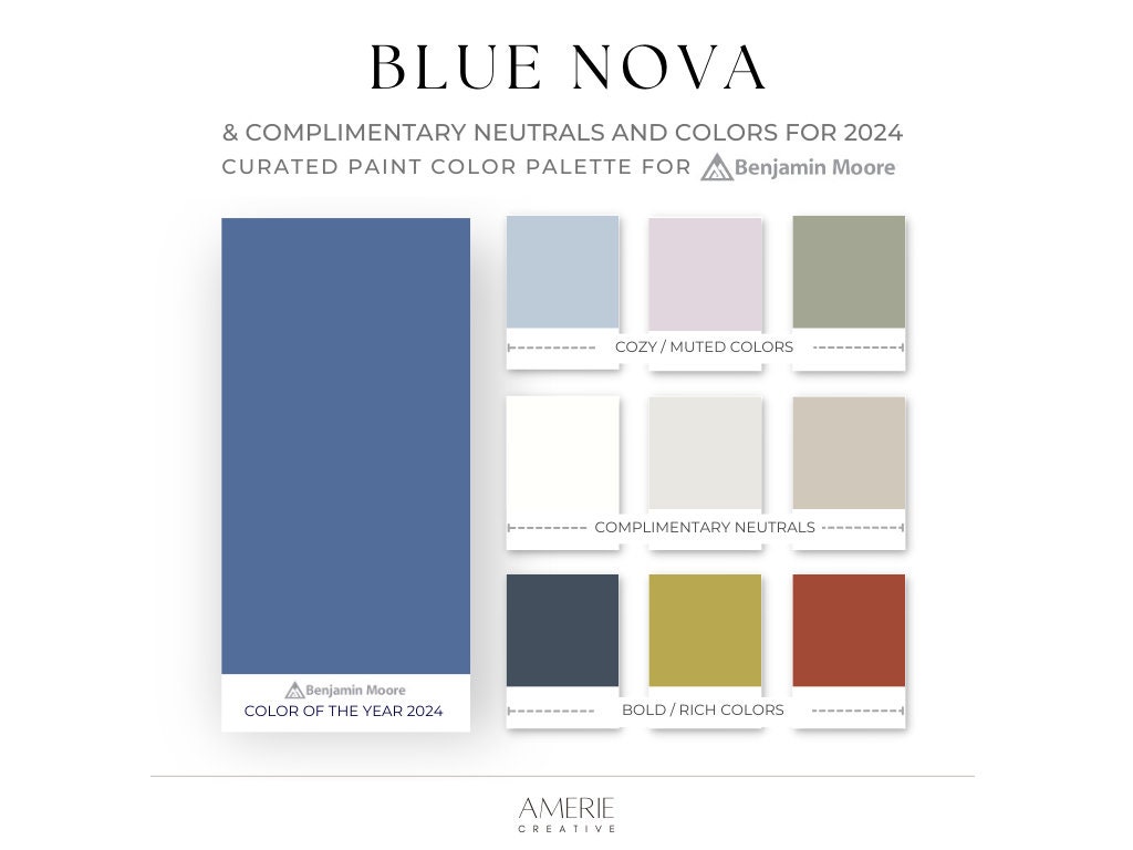 Palette de couleurs de peinture Blue Nova 2024 Benjamin Moore Palette de  couleurs de peinture pour maison blanc grège taupe gris vert gris bleu  marine rouille orange couleurs de peinture pour la