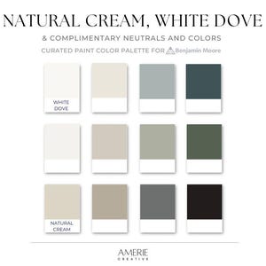 Natural Cream White Dove Benjamin Moore paint color palette whole house paint color scheme warm neutral paint color 2025 blue gray green